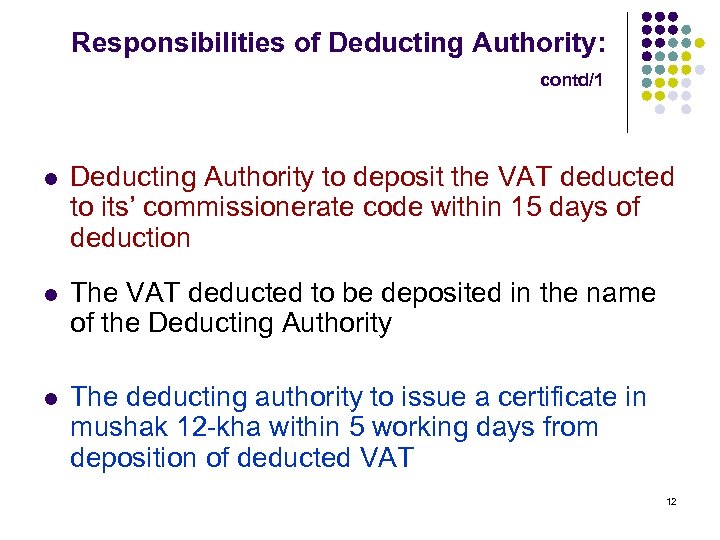 Responsibilities of Deducting Authority: contd/1 l Deducting Authority to deposit the VAT deducted to