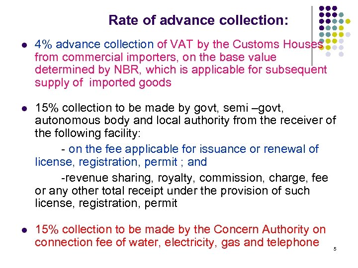 Rate of advance collection: l 4% advance collection of VAT by the Customs Houses