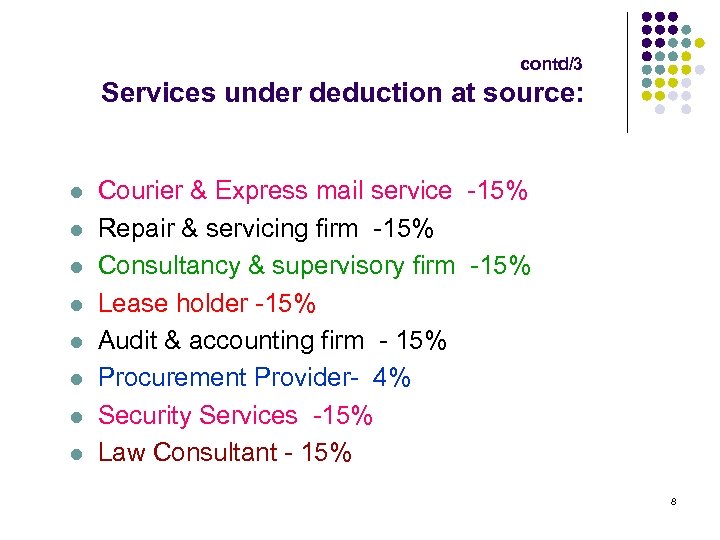 contd/3 Services under deduction at source: l l l l Courier & Express mail