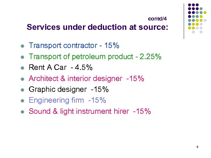 contd/4 Services under deduction at source: l l l l Transport contractor - 15%