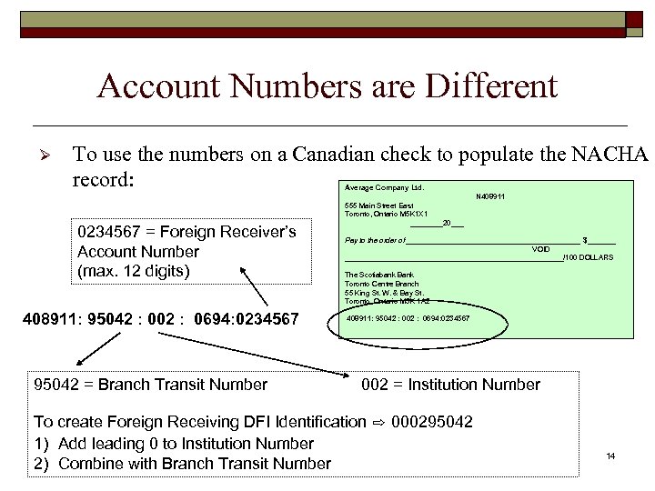 Account Numbers are Different Ø To use the numbers on a Canadian check to
