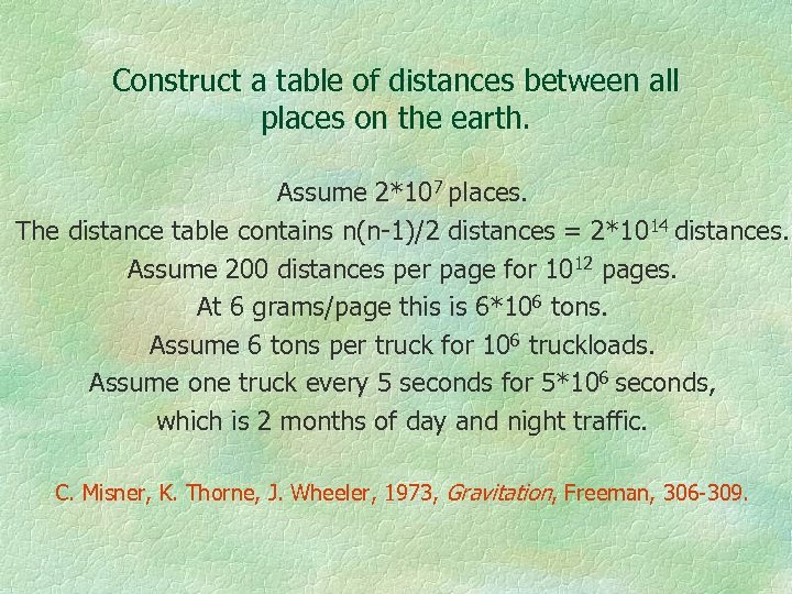 Construct a table of distances between all places on the earth. Assume 2*107 places.
