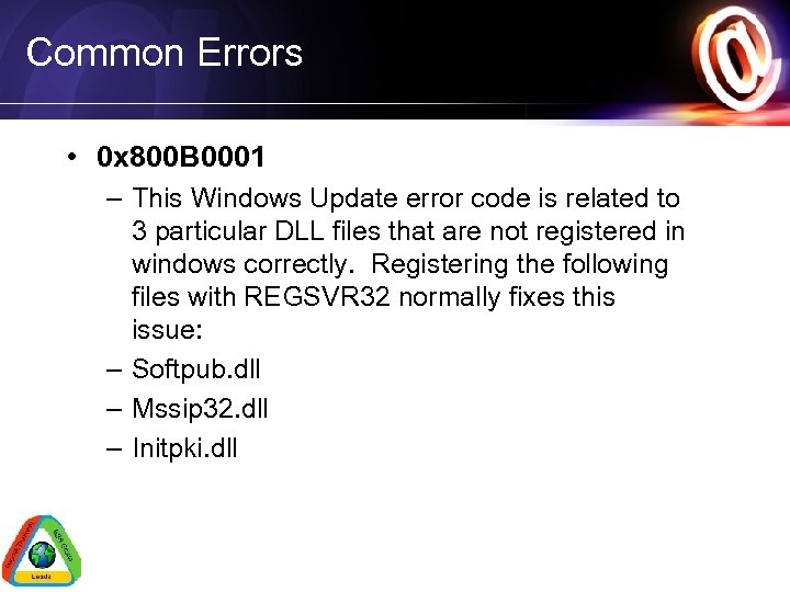 Common Errors • 0 x 800 B 0001 – This Windows Update error code