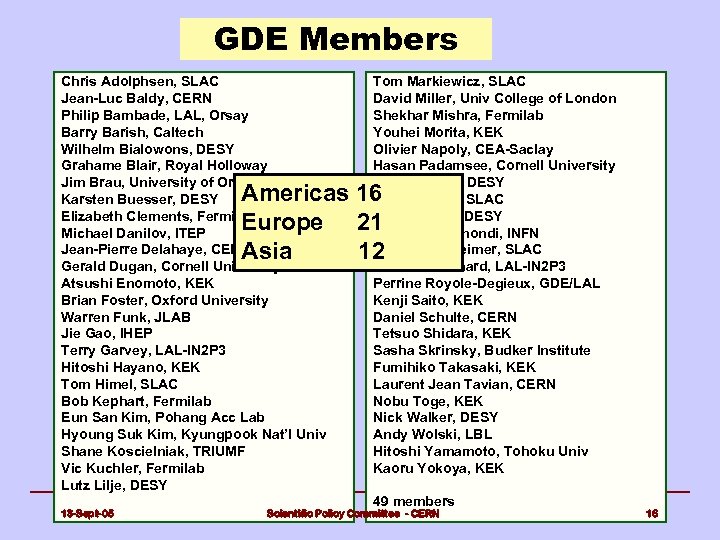 GDE Members Chris Adolphsen, SLAC Jean-Luc Baldy, CERN Philip Bambade, LAL, Orsay Barry Barish,