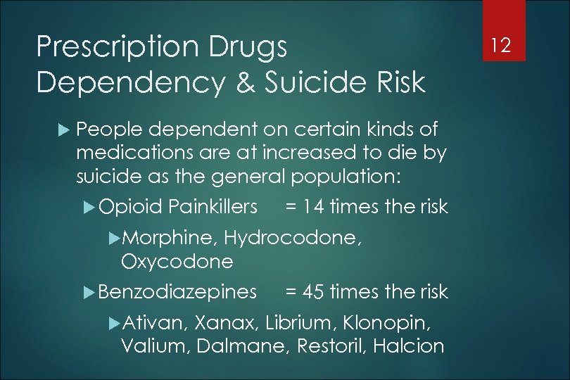 Prescription Drugs Dependency & Suicide Risk People dependent on certain kinds of medications are