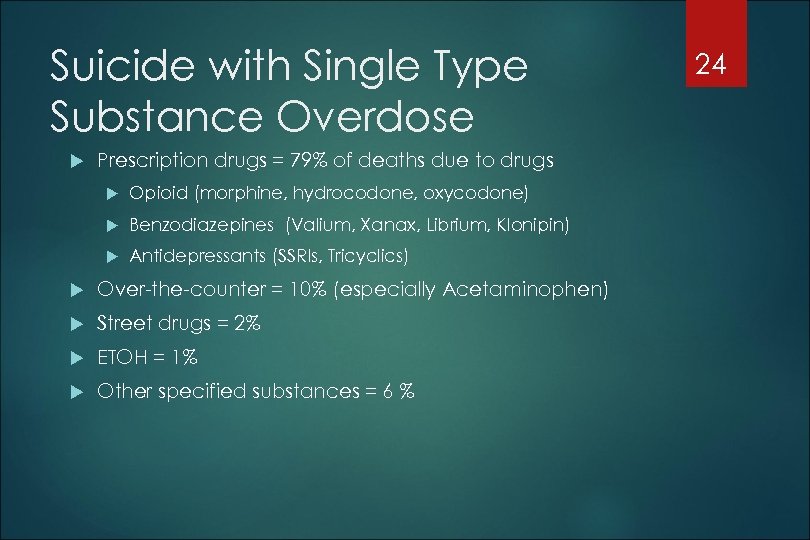 Suicide with Single Type Substance Overdose Prescription drugs = 79% of deaths due to