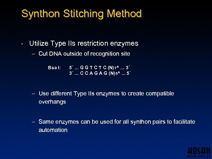 Synthon Stitching Method • Utilize Type IIs restriction enzymes – Cut DNA outside of