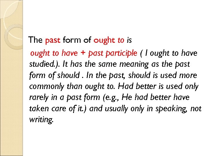 The past form of ought to is ought to have + past participle (