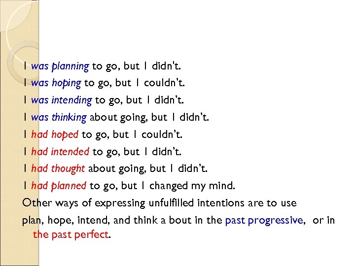 1 was planning to go, but 1 didn't. 1 was hoping to go, but