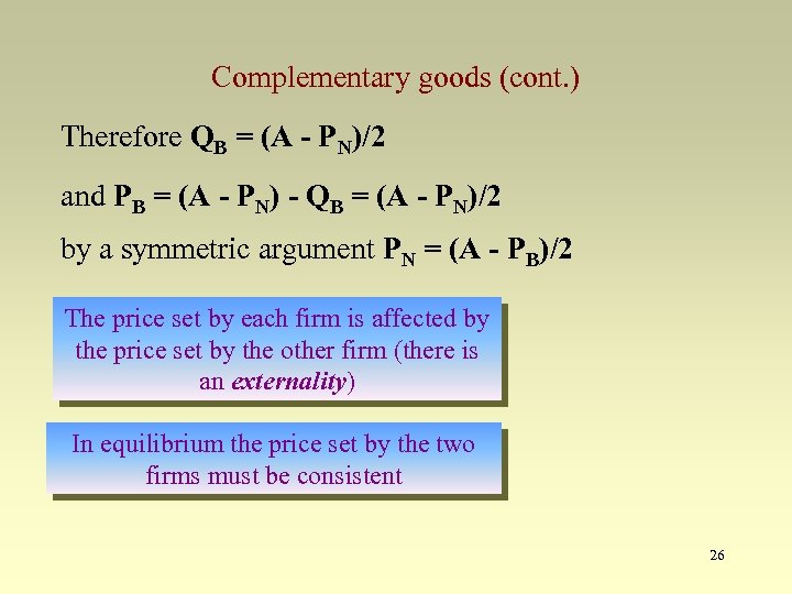 Complementary goods (cont. ) Therefore QB = (A - PN)/2 and PB = (A