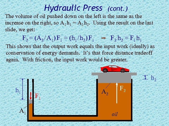 Hydraulic Press (cont. ) The volume of oil pushed down on the left is