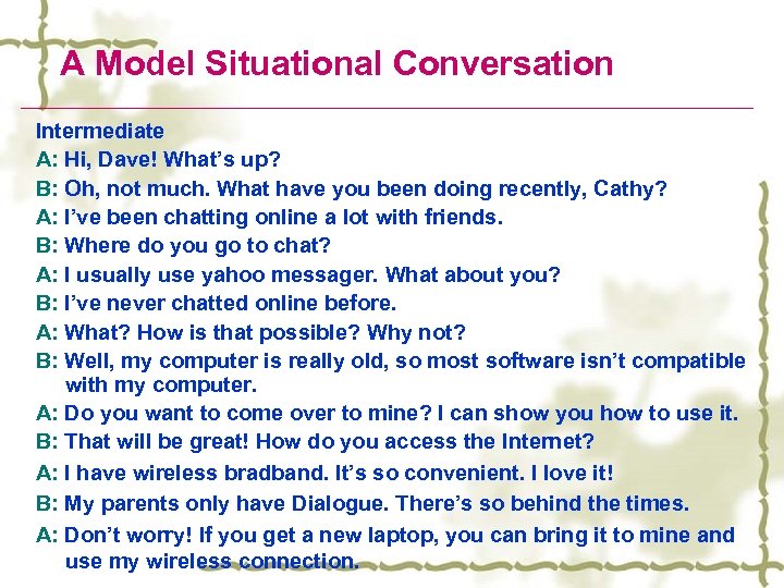 A Model Situational Conversation Intermediate A: Hi, Dave! What’s up? B: Oh, not much.