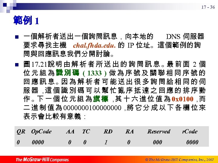 17 - 36 範例 1 n n 一個解析者送出一個詢問訊息，向本地的 DNS 伺服器 要求尋找主機 chal. fhda. edu.