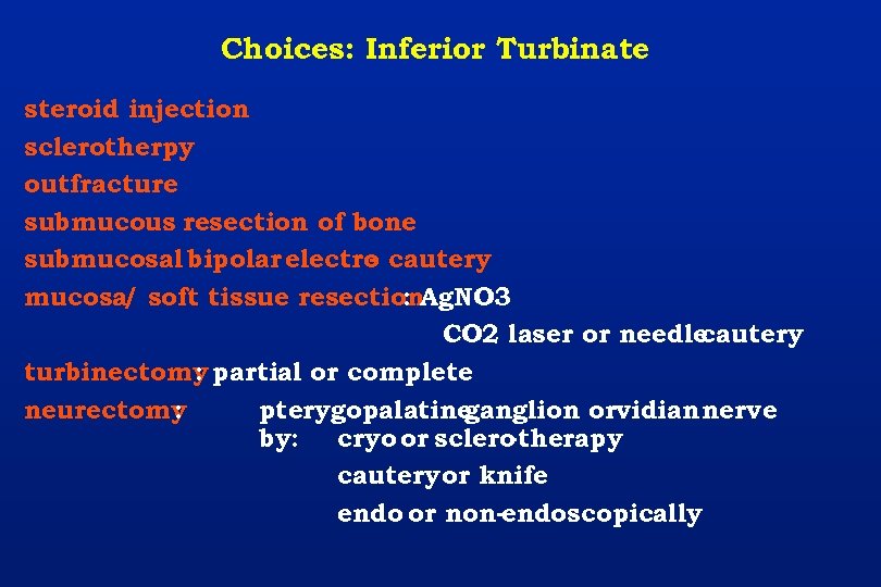 Choices: Inferior Turbinate steroid injection sclerotherpy outfracture submucous resection of bone submucosal bipolar electro