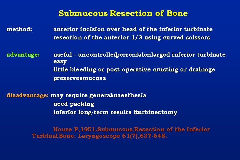 Submucous Resection of Bone method: anterior incision over head of the inferior turbinate resection