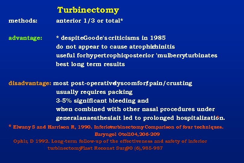 Turbinectomy methods: anterior 1/3 or total* advantage: * despite. Goode's criticisms in 1985 do