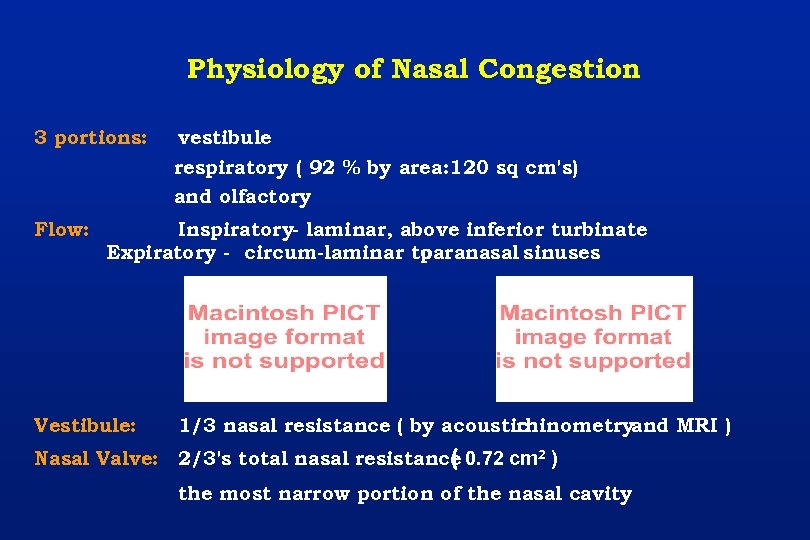 Physiology of Nasal Congestion 3 portions: Flow: vestibule respiratory ( 92 % by area: