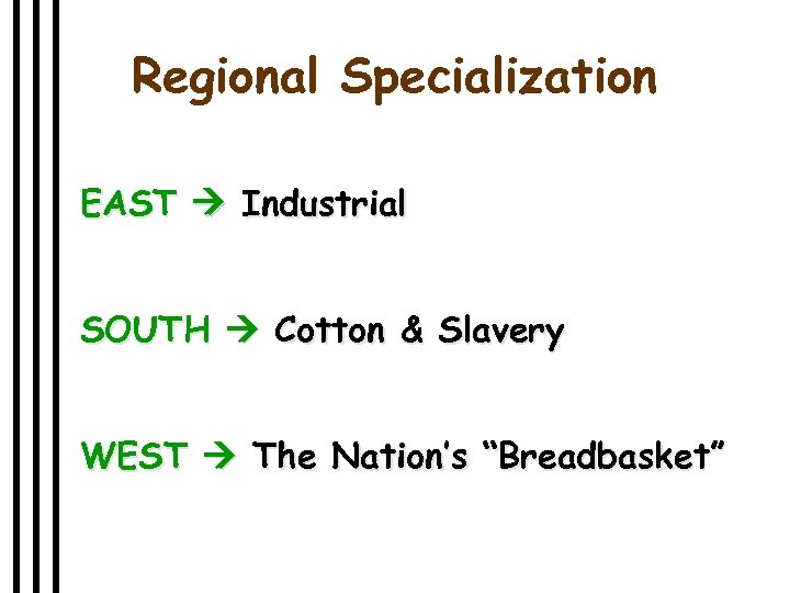 Regional Specialization EAST Industrial SOUTH Cotton & Slavery WEST The Nation’s “Breadbasket” 