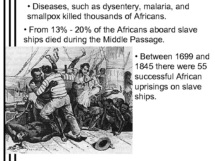  • Diseases, such as dysentery, malaria, and smallpox killed thousands of Africans. •