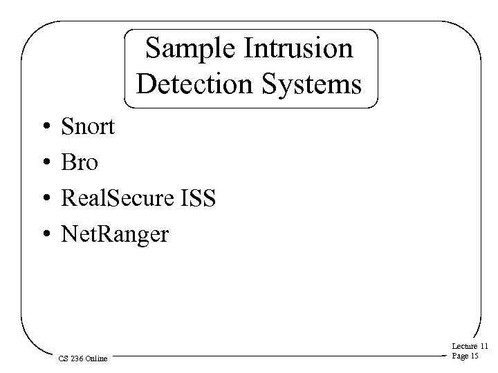 Sample Intrusion Detection Systems • • Snort Bro Real. Secure ISS Net. Ranger CS