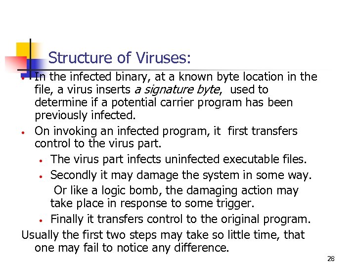 Structure of Viruses: In the infected binary, at a known byte location in the