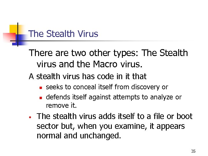 The Stealth Virus There are two other types: The Stealth virus and the Macro