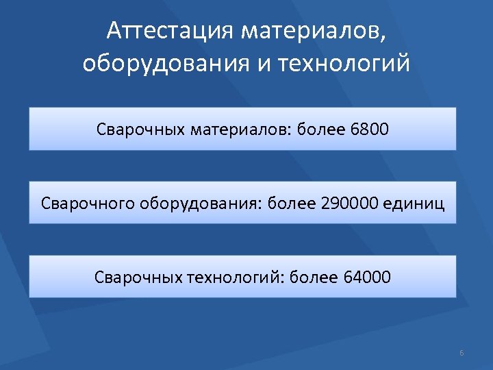 Аттестация материалов, оборудования и технологий Сварочных материалов: более 6800 Сварочного оборудования: более 290000 единиц