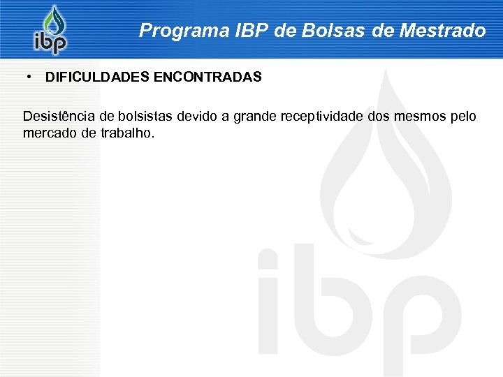 Programa IBP de Bolsas de Mestrado • DIFICULDADES ENCONTRADAS Desistência de bolsistas devido a