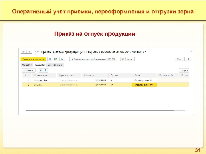 Оперативный учет приемки, переоформления и отгрузки зерна Приказ на отпуск продукции 31 