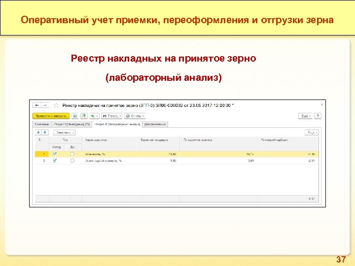 Оперативный учет приемки, переоформления и отгрузки зерна Реестр накладных на принятое зерно (лабораторный анализ)