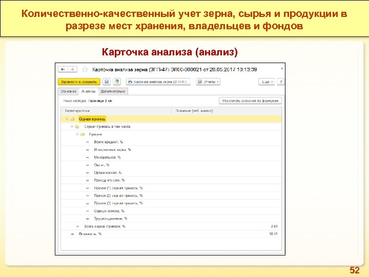 Количественно-качественный учет зерна, сырья и продукции в Количественно-качественный учет зерна в разрезе мест хранения,