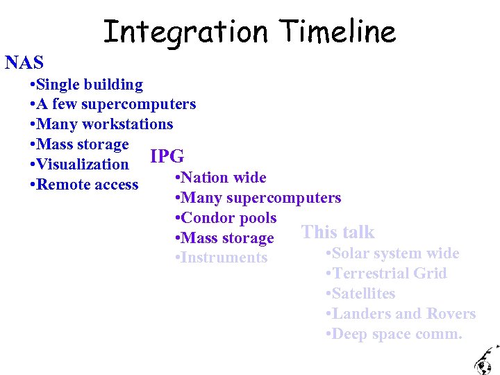 Integration Timeline NAS • Single building • A few supercomputers • Many workstations •