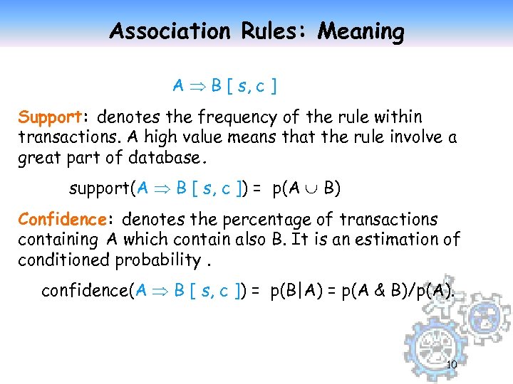 Association Rules: Meaning A B [ s, c ] Support: denotes the frequency of