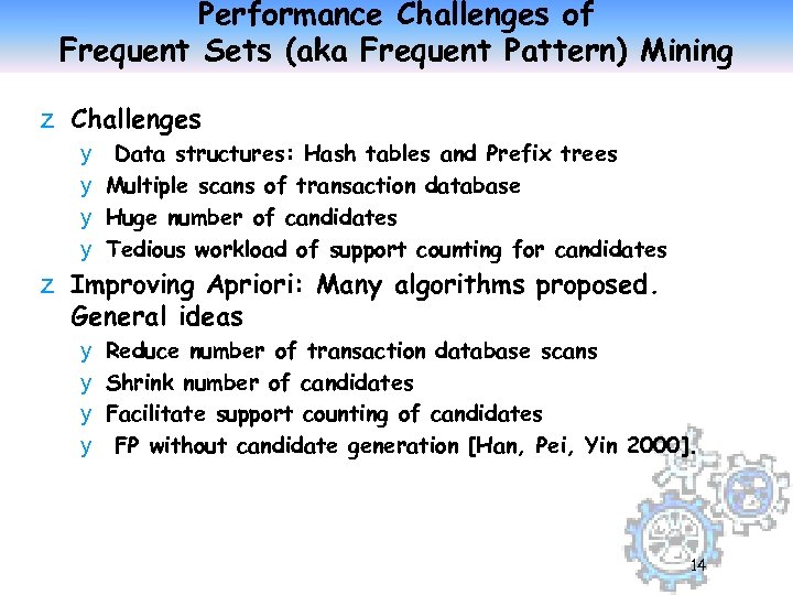 Performance Challenges of Frequent Sets (aka Frequent Pattern) Mining z Challenges y Data structures: