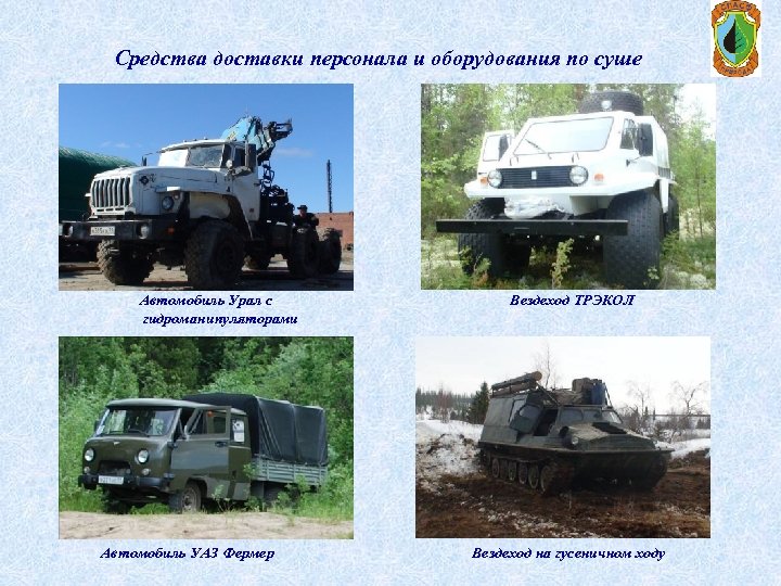 Средства доставки персонала и оборудования по суше Автомобиль Урал с гидроманипуляторами Автомобиль УАЗ Фермер