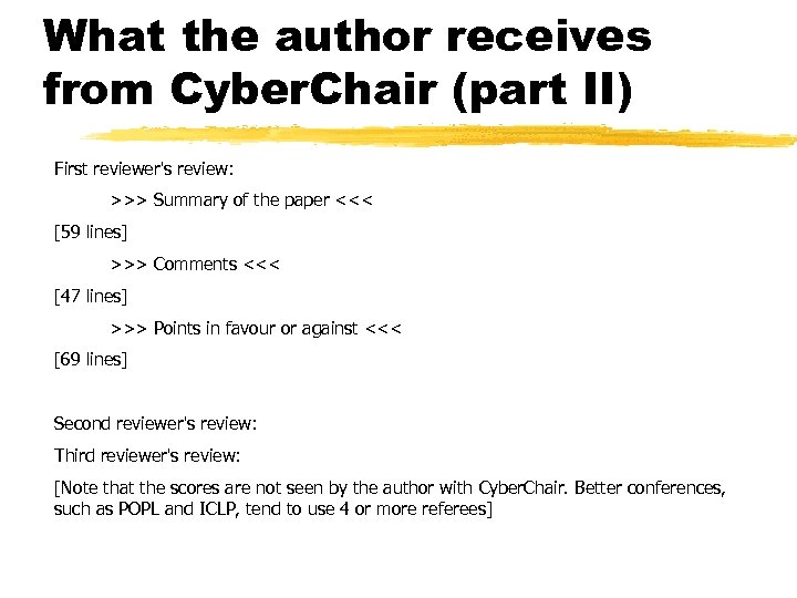 What the author receives from Cyber. Chair (part II) First reviewer's review: >>> Summary