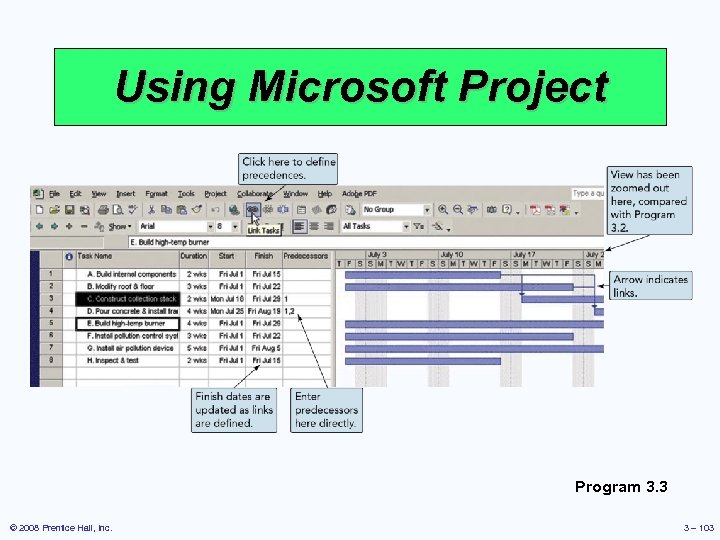 Using Microsoft Project Program 3. 3 © 2008 Prentice Hall, Inc. 3 – 103