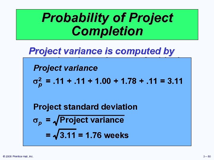 Probability of Project Completion Project variance is computed by summing the variances of critical