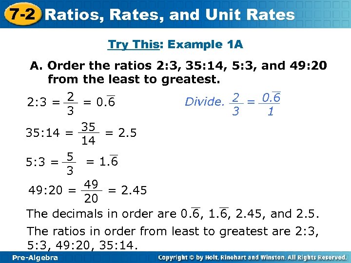7 -2 Ratios, Rates, and Unit Rates Try This: Example 1 A A. Order