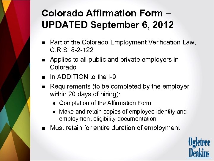 Colorado Affirmation Form – UPDATED September 6, 2012 n n Part of the Colorado