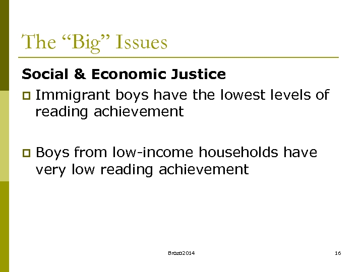 The “Big” Issues Social & Economic Justice p Immigrant boys have the lowest levels