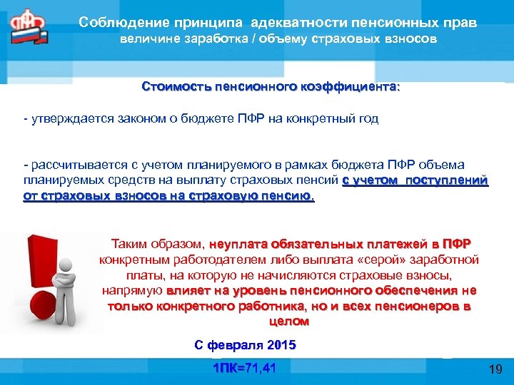 Соблюдение принципа адекватности пенсионных прав величине заработка / объему страховых взносов Стоимость пенсионного коэффициента: