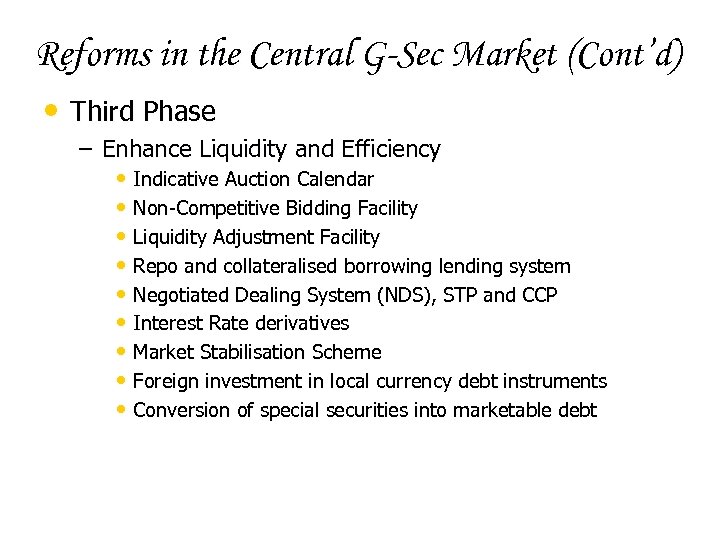 Reforms in the Central G-Sec Market (Cont’d) • Third Phase – Enhance Liquidity and