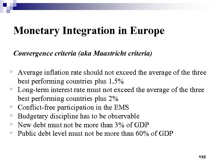 Monetary Integration in Europe Convergence criteria (aka Maastricht criteria) § Average inflation rate should
