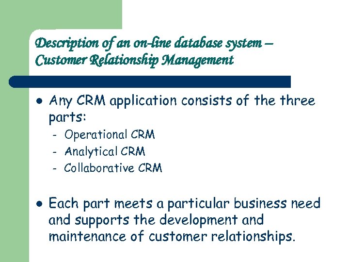 Description of an on-line database system – Customer Relationship Management l Any CRM application