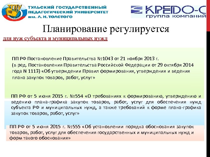 Планирование регулируется для нуж субъекта и муниципальных нужд ПП РФ Постановление Правительства № 1043