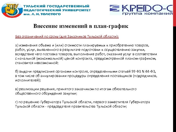 Внесение изменений в план-график Без ограничений по сроку (для Заказчиков Тульской области): а) изменения