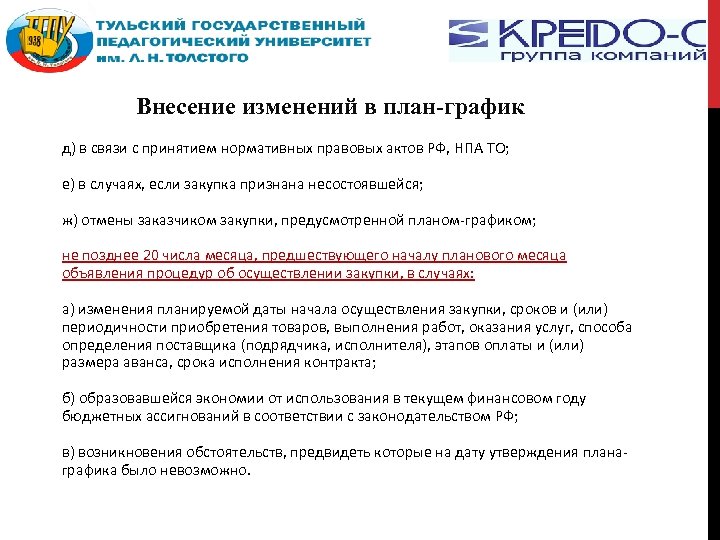 Внесение изменений в план-график д) в связи с принятием нормативных правовых актов РФ, НПА