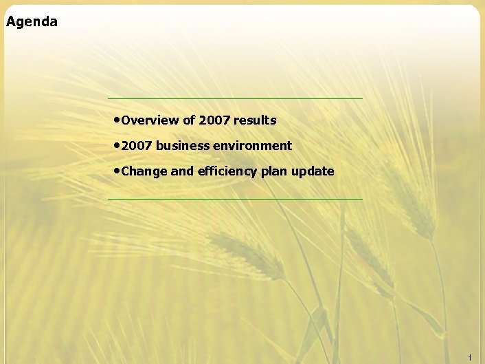 Agenda • Overview of 2007 results • 2007 business environment • Change and efficiency