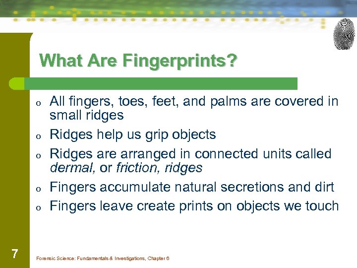 What Are Fingerprints? o o o 7 All fingers, toes, feet, and palms are